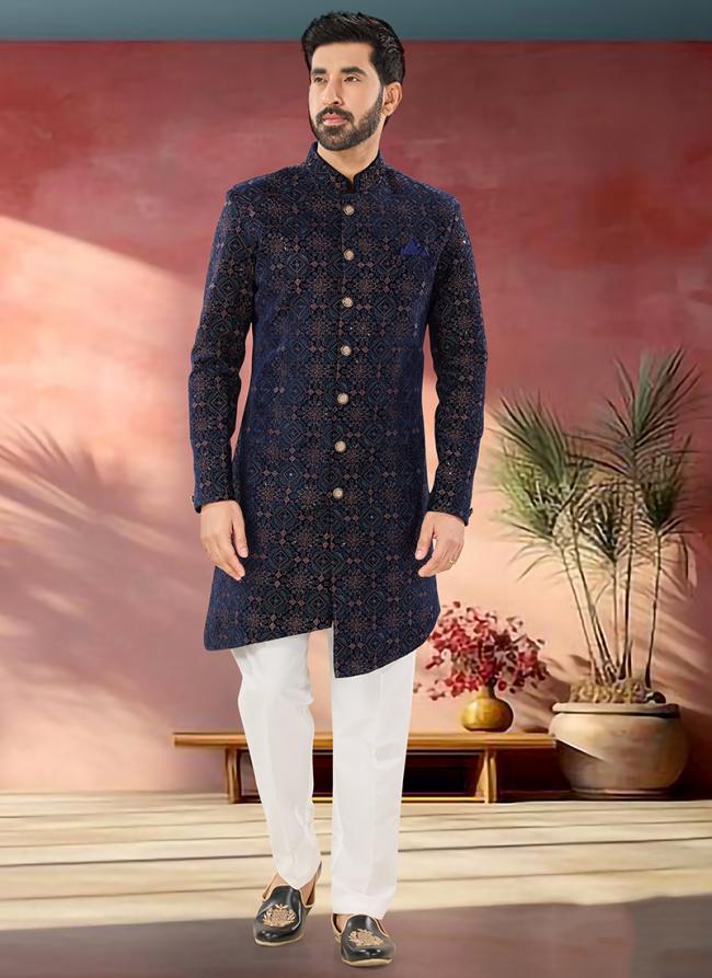 Velvet Navy Blue Wedding Wear Embroidery Work Readymade Sherwani